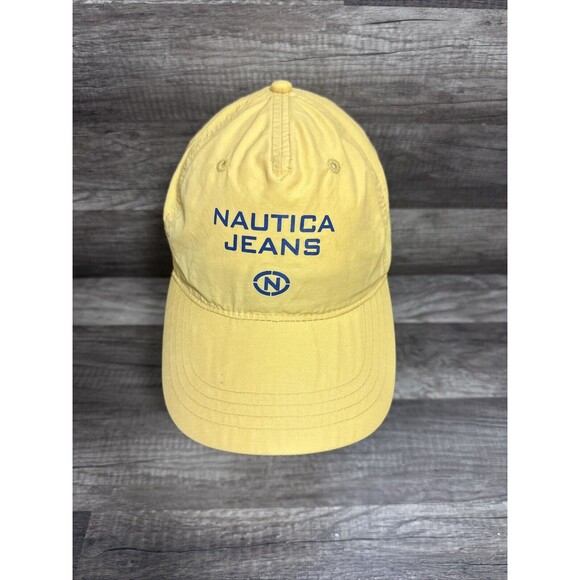Vtg Nautica Jeans Company Cap Hat Yellow Nylon Adjustable Strap - Picture 1 of 12